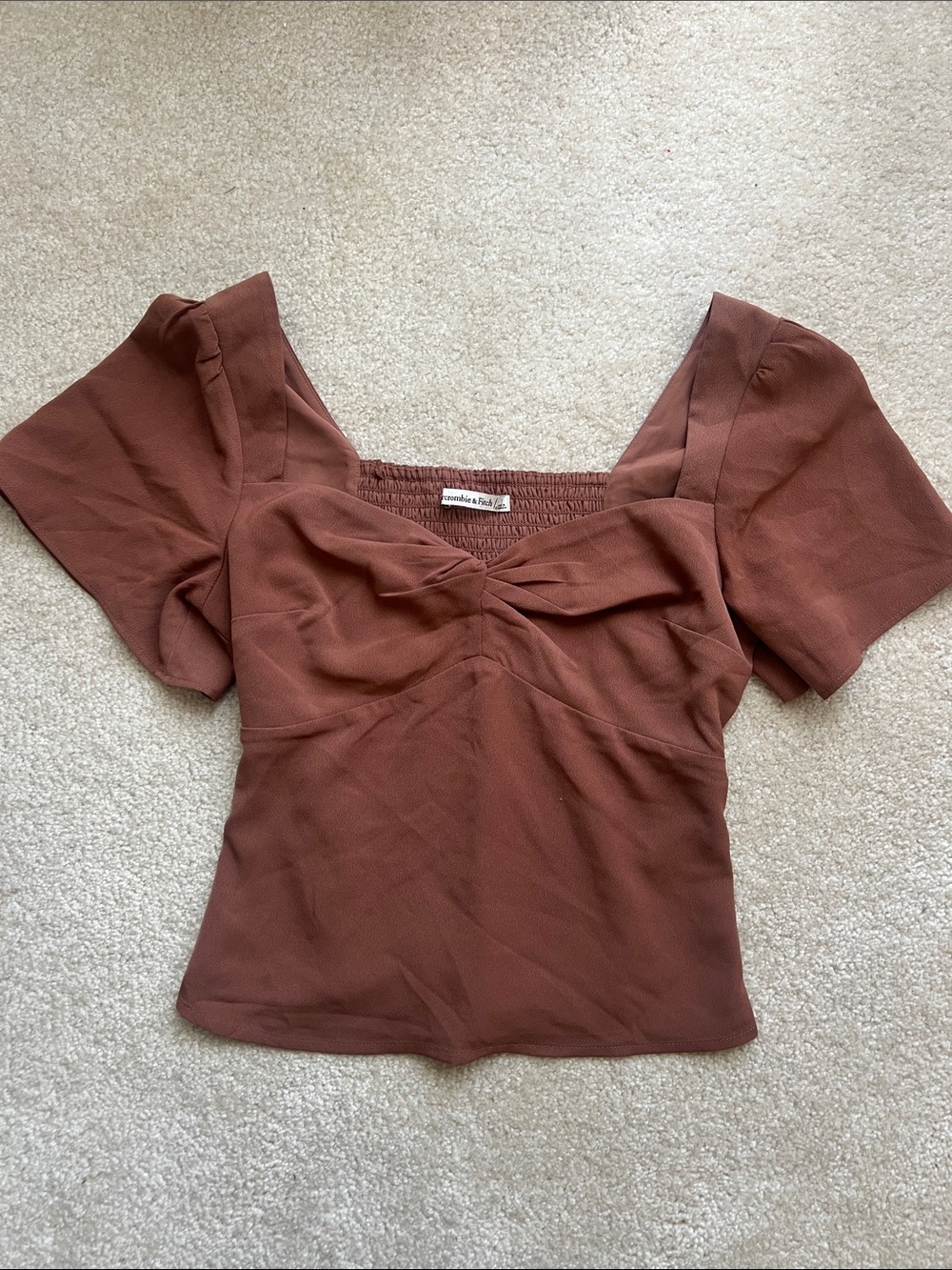 Abercrombie & Fitch Brown Square Neck Twist Front Puff Sleeve Top